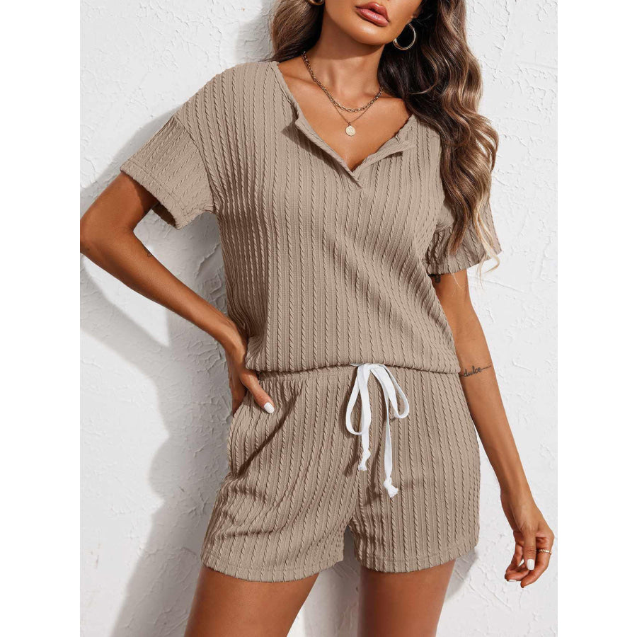 Notched Short Sleeve Top and Shorts Set Apparel and Accessories