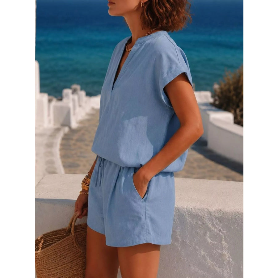 Notched Short Sleeve Top and Shorts Set Apparel and Accessories