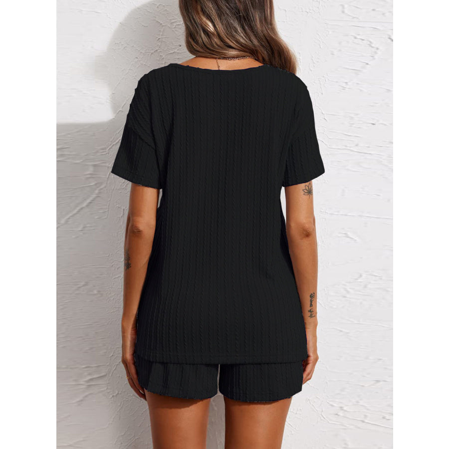 Notched Short Sleeve Top and Shorts Set Black / S Apparel and Accessories