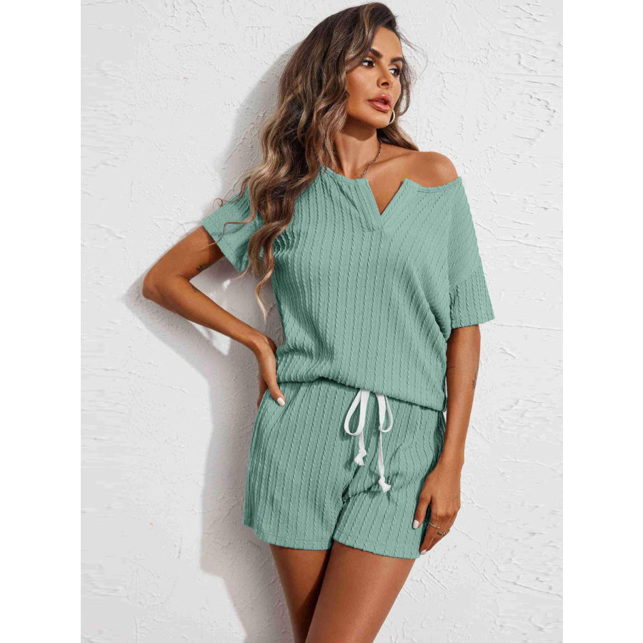 Notched Short Sleeve Top and Shorts Set Apparel and Accessories