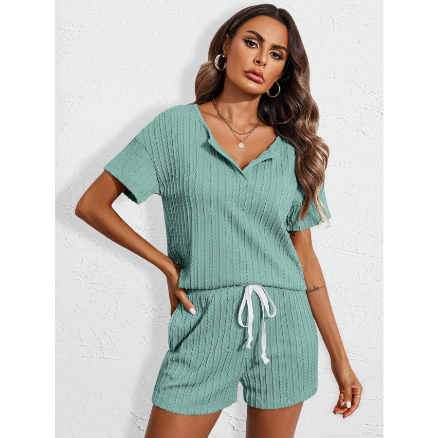 Notched Short Sleeve Top and Shorts Set Apparel and Accessories