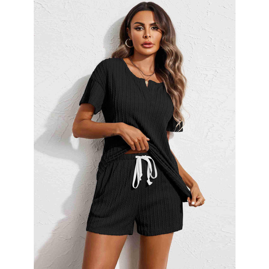 Notched Short Sleeve Top and Shorts Set Apparel and Accessories