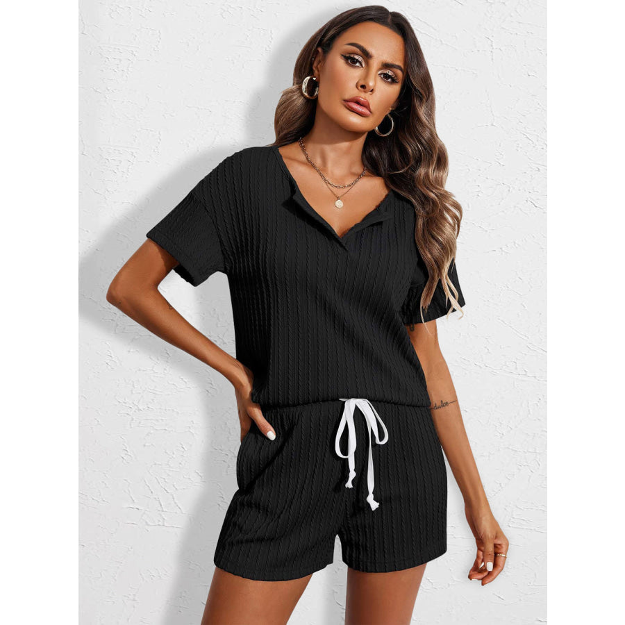 Notched Short Sleeve Top and Shorts Set Black / S Apparel and Accessories