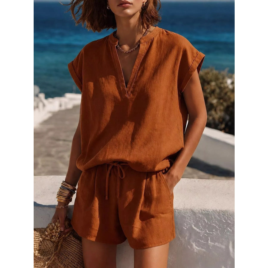 Notched Short Sleeve Top and Shorts Set Light Brown / XS Apparel and Accessories