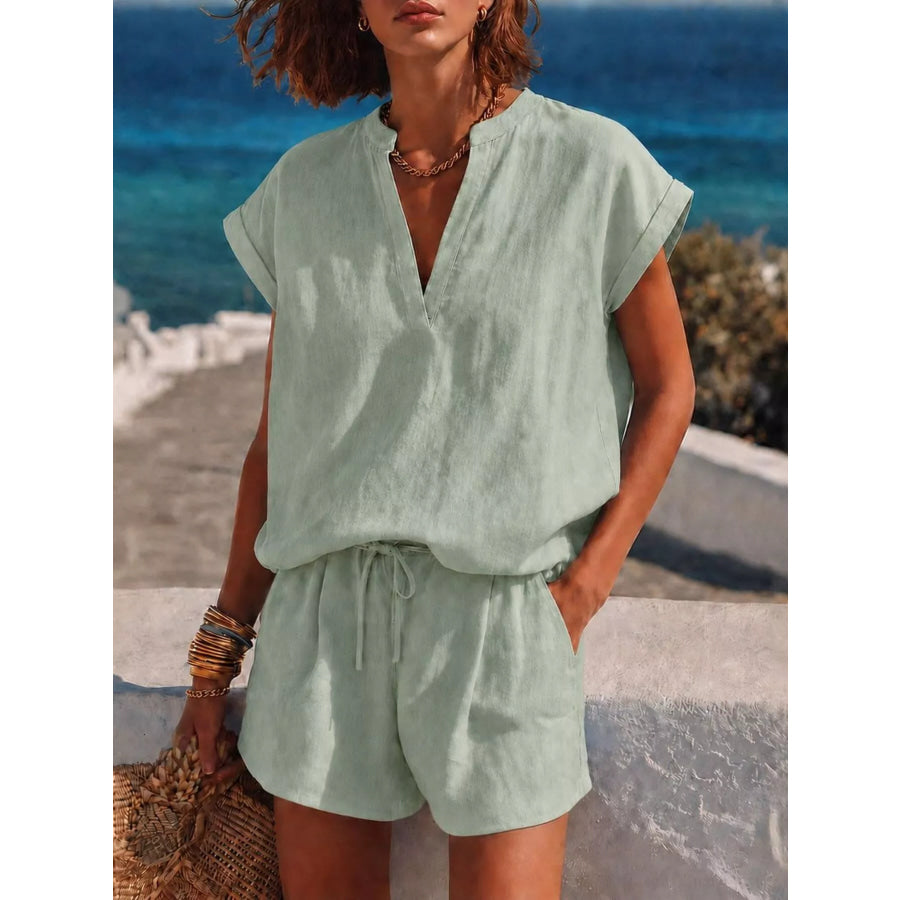 Notched Short Sleeve Top and Shorts Set Light Green / XS Apparel and Accessories