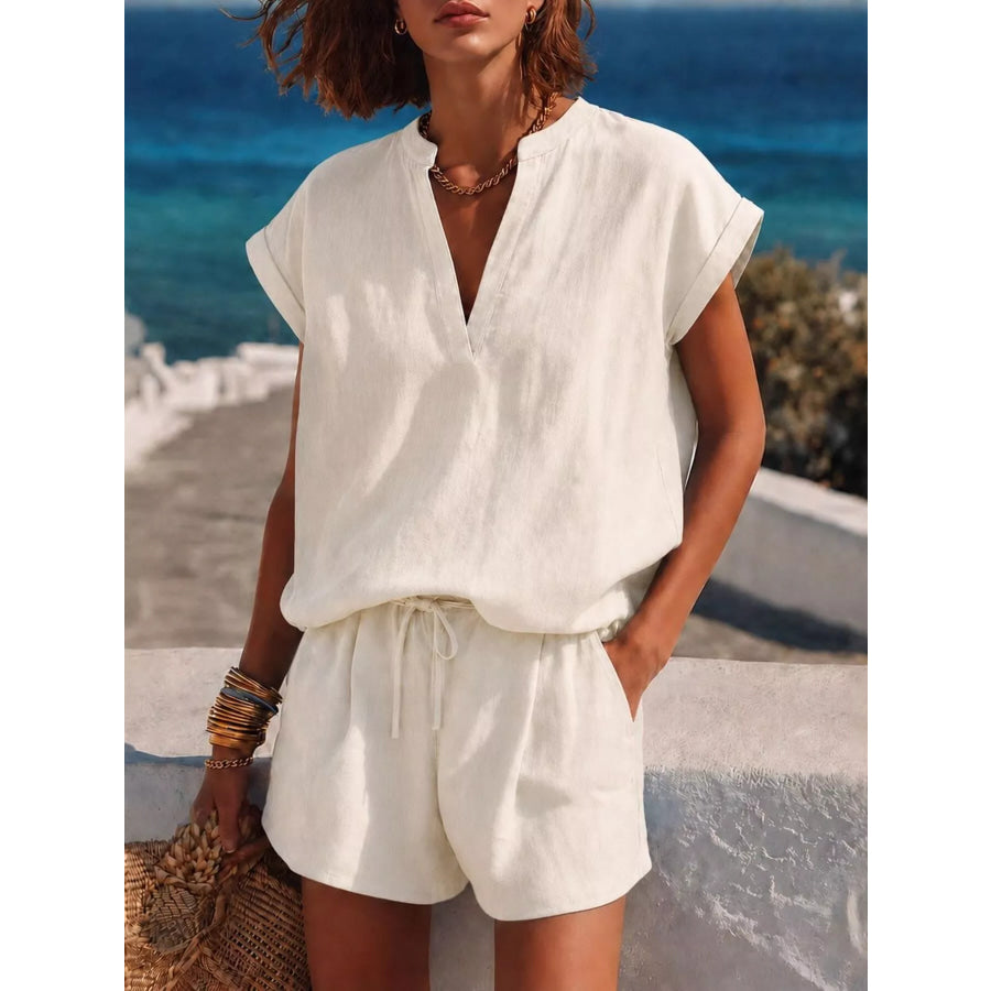 Notched Short Sleeve Top and Shorts Set Off-white / XS Apparel and Accessories