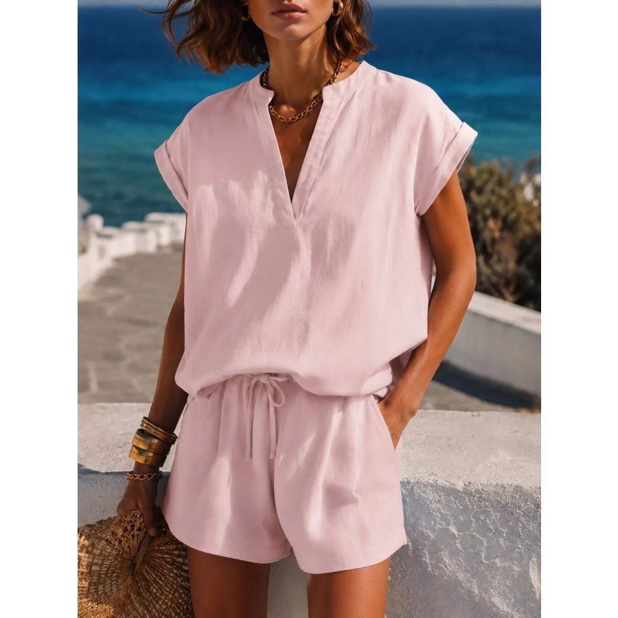 Notched Short Sleeve Top and Shorts Set Pink / XS Apparel and Accessories