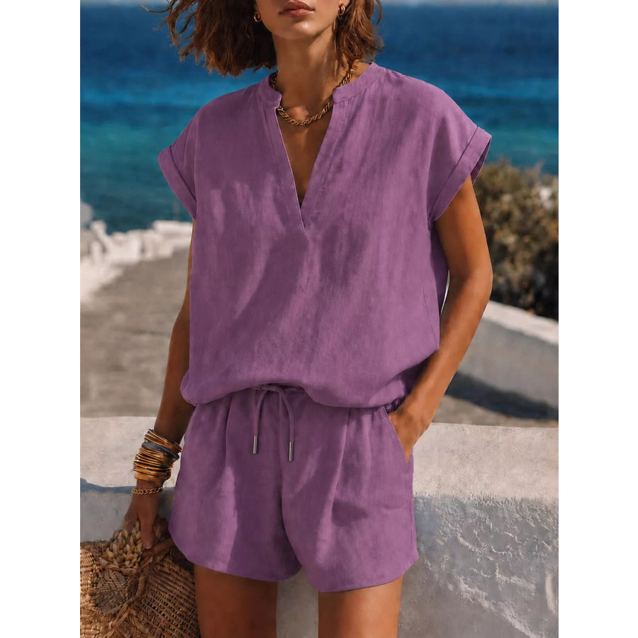 Notched Short Sleeve Top and Shorts Set Purple / XS Apparel and Accessories