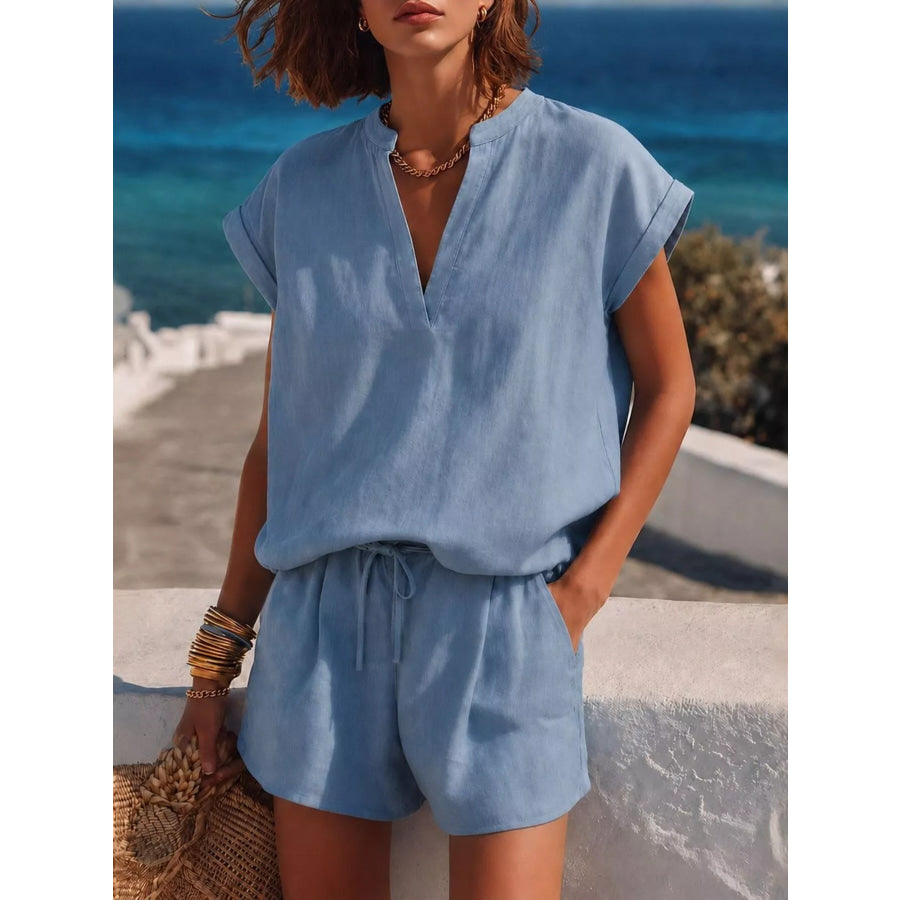 Notched Short Sleeve Top and Shorts Set Sky Blue / XS Apparel and Accessories