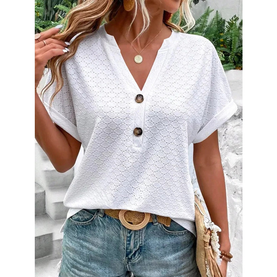 Notched Short Sleeve Top Apparel and Accessories