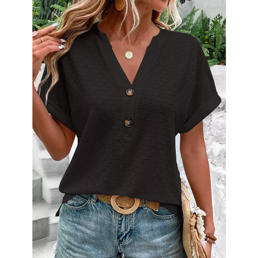 Notched Short Sleeve Top Apparel and Accessories