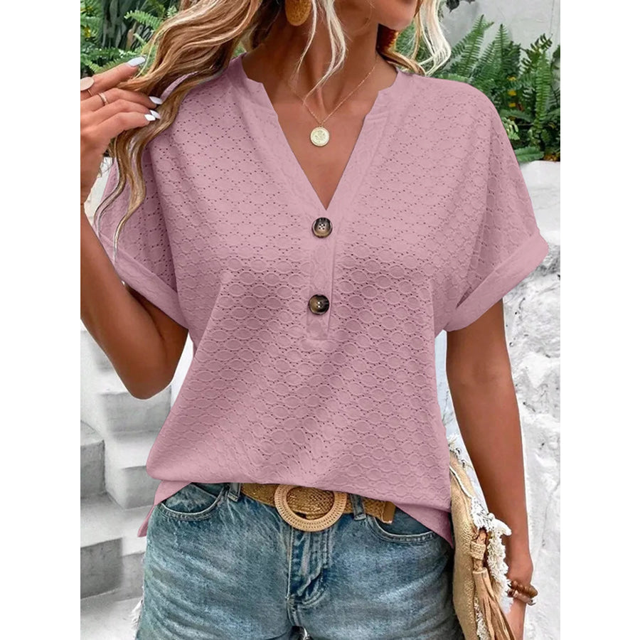 Notched Short Sleeve Top Apparel and Accessories