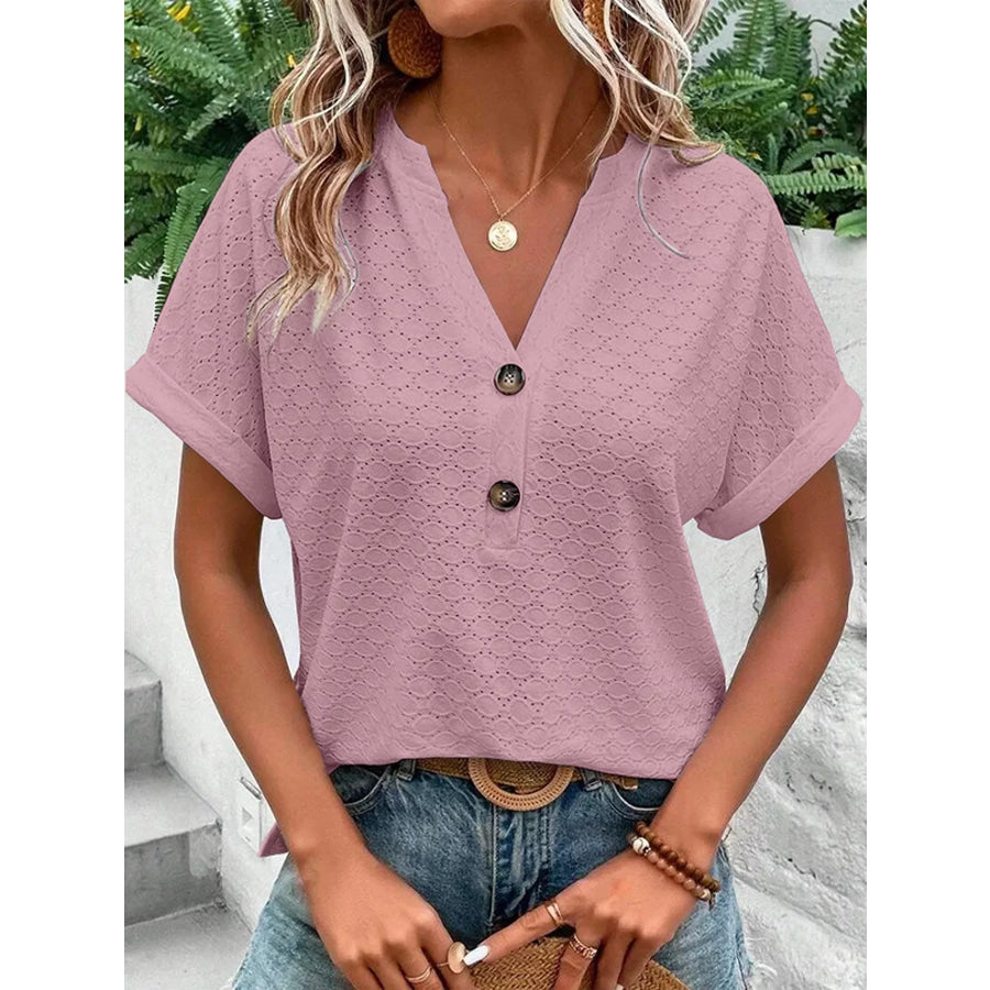 Notched Short Sleeve Top Dusty Pink / S Apparel and Accessories