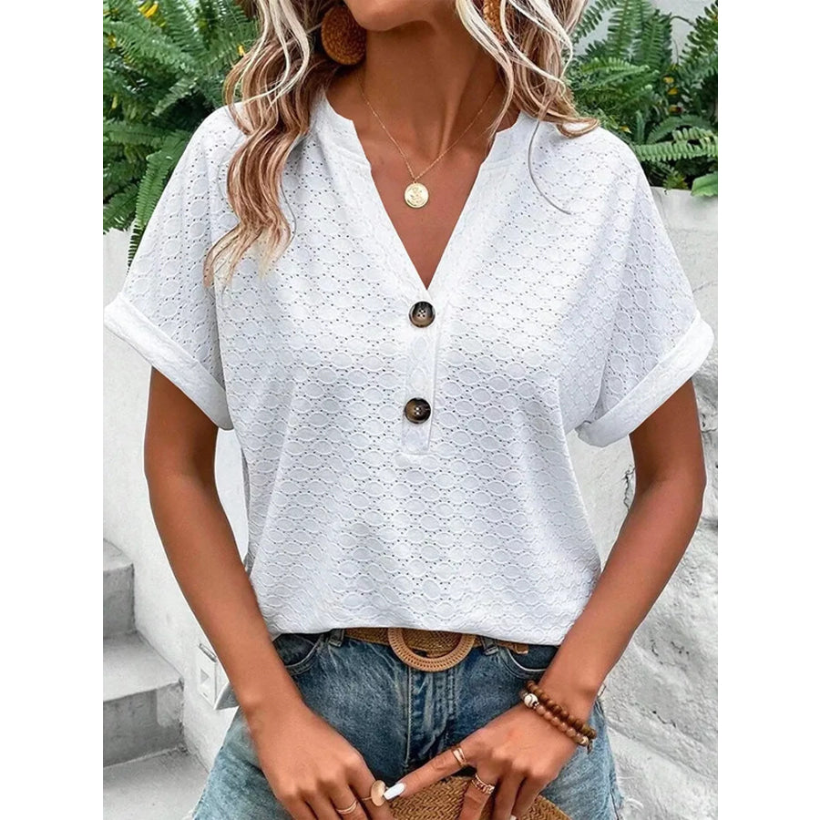 Notched Short Sleeve Top White / S Apparel and Accessories