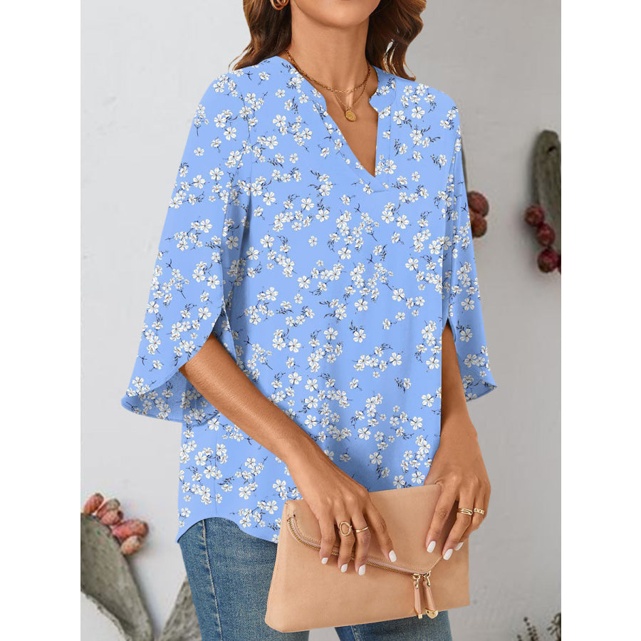 Notched Slit Half Sleeve Blouse Apparel and Accessories