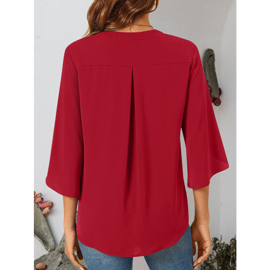 Notched Slit Half Sleeve Blouse Apparel and Accessories