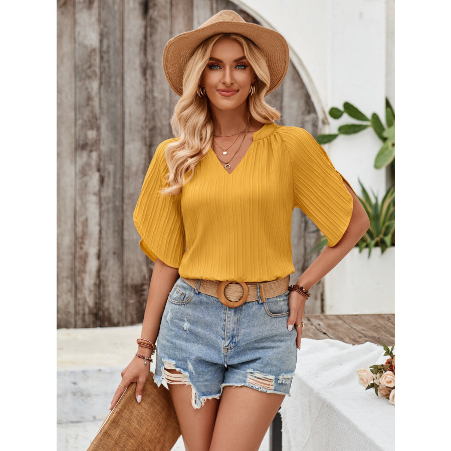 Notched Slit Half Sleeve Blouse Apparel and Accessories