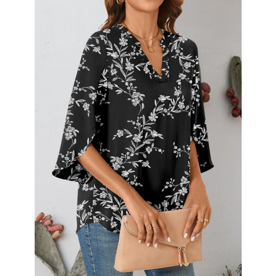 Notched Slit Half Sleeve Blouse Apparel and Accessories