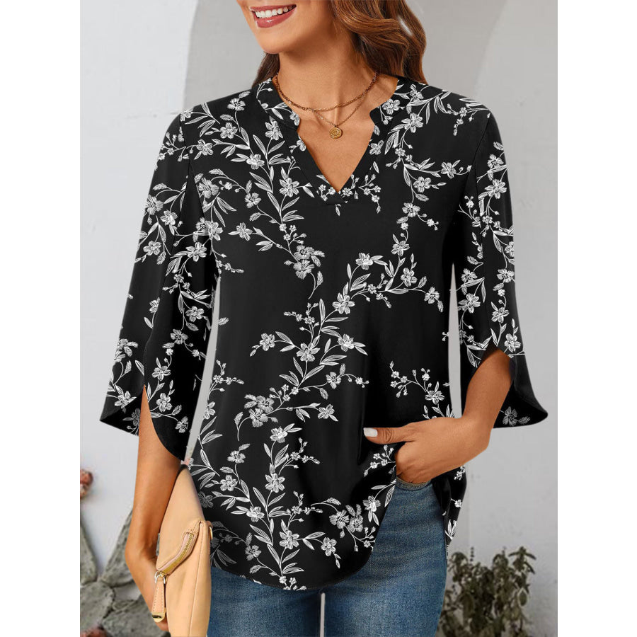 Notched Slit Half Sleeve Blouse Apparel and Accessories