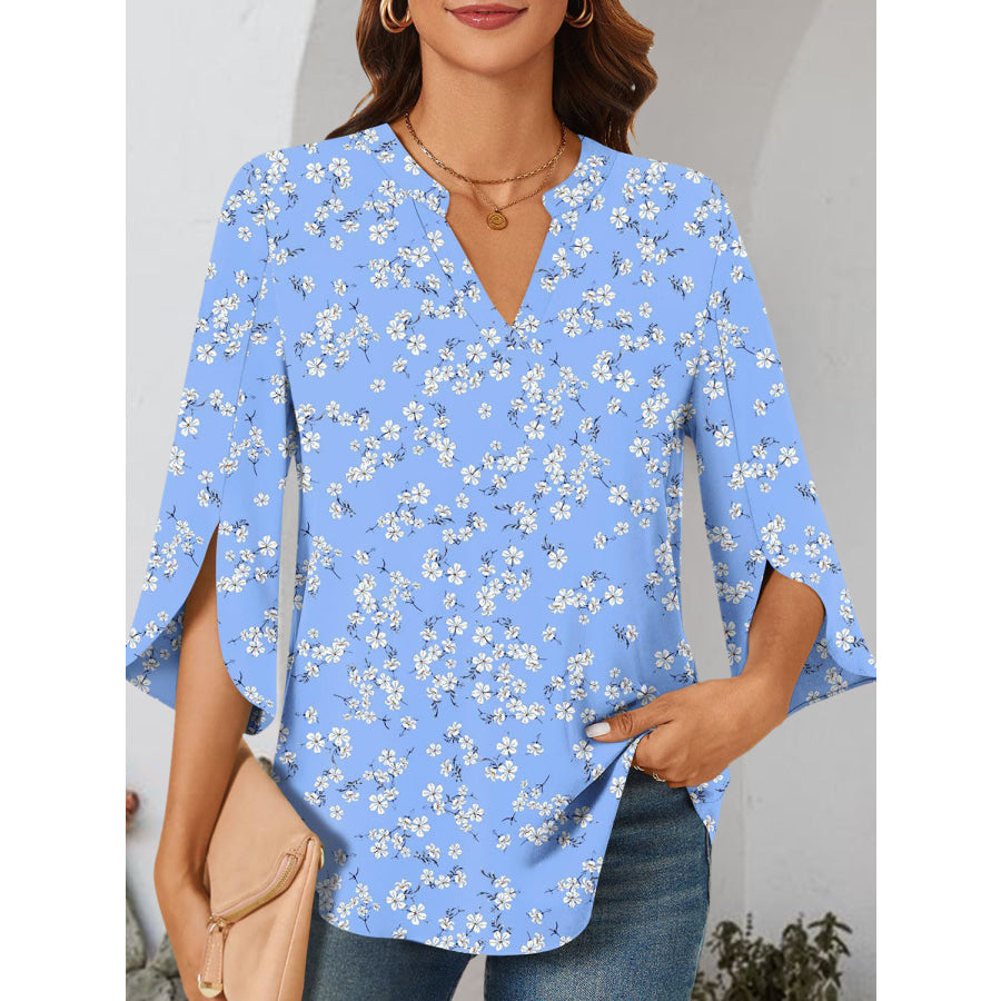 Notched Slit Half Sleeve Blouse Apparel and Accessories