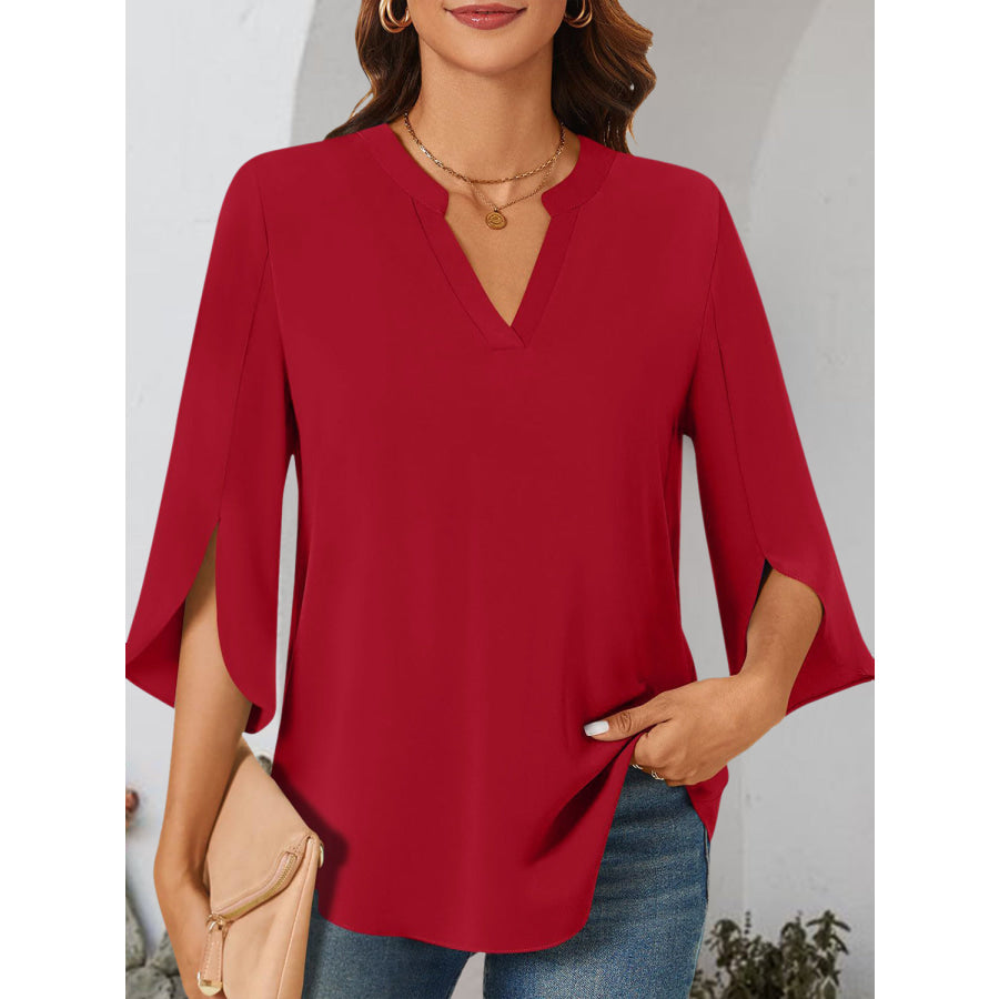 Notched Slit Half Sleeve Blouse Apparel and Accessories