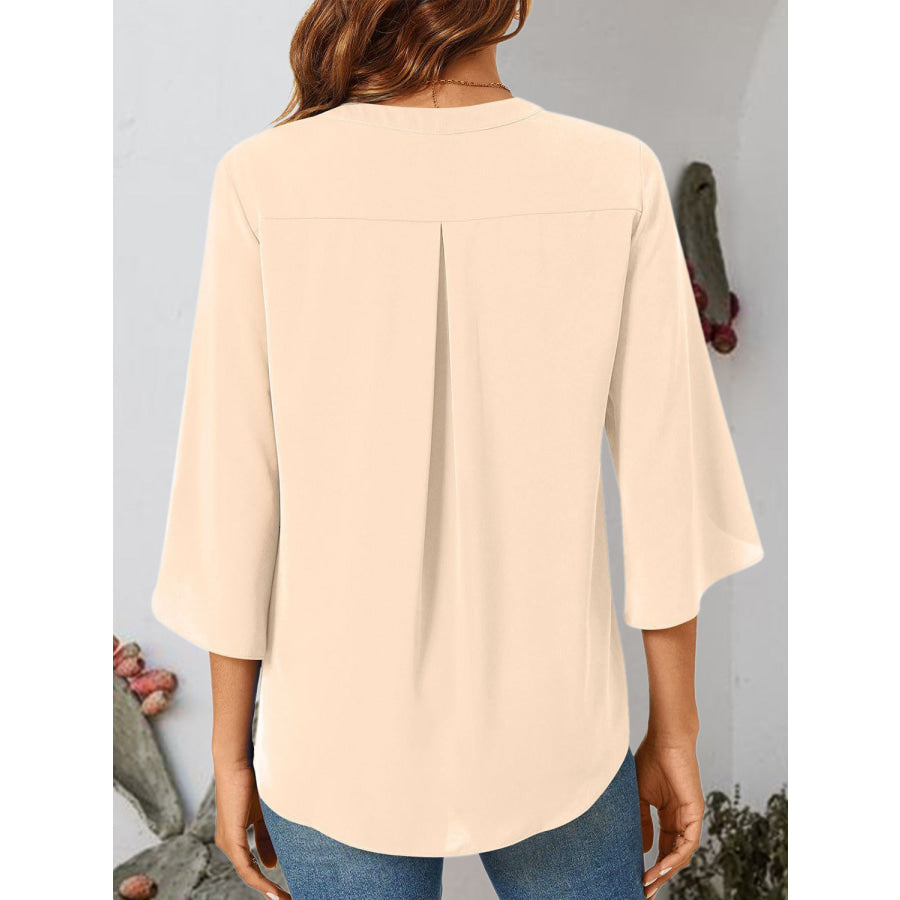 Notched Slit Half Sleeve Blouse Apparel and Accessories