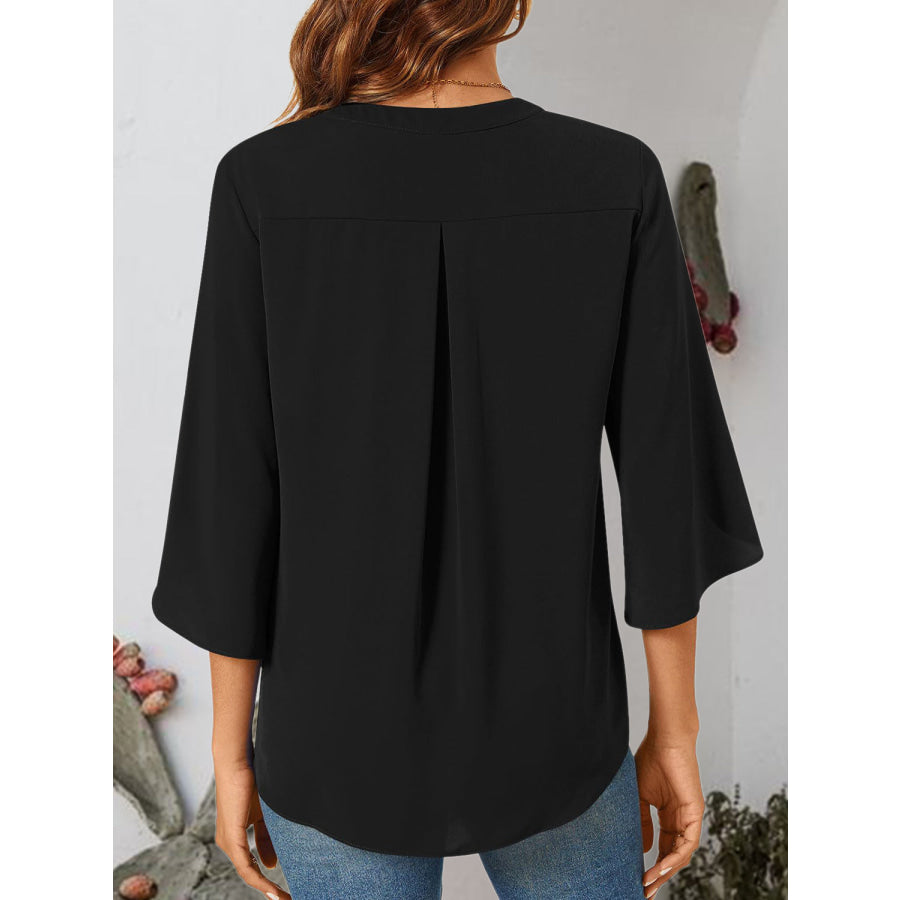 Notched Slit Half Sleeve Blouse Apparel and Accessories