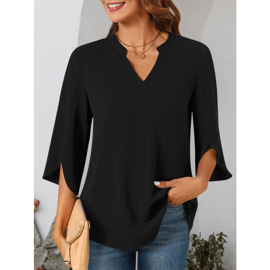 Notched Slit Half Sleeve Blouse Apparel and Accessories