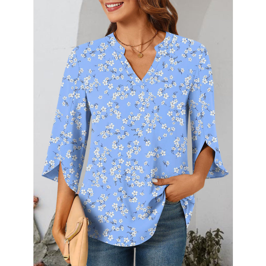 Notched Slit Half Sleeve Blouse Apparel and Accessories