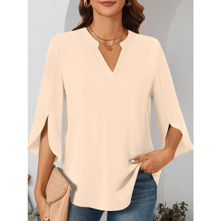 Notched Slit Half Sleeve Blouse Apparel and Accessories