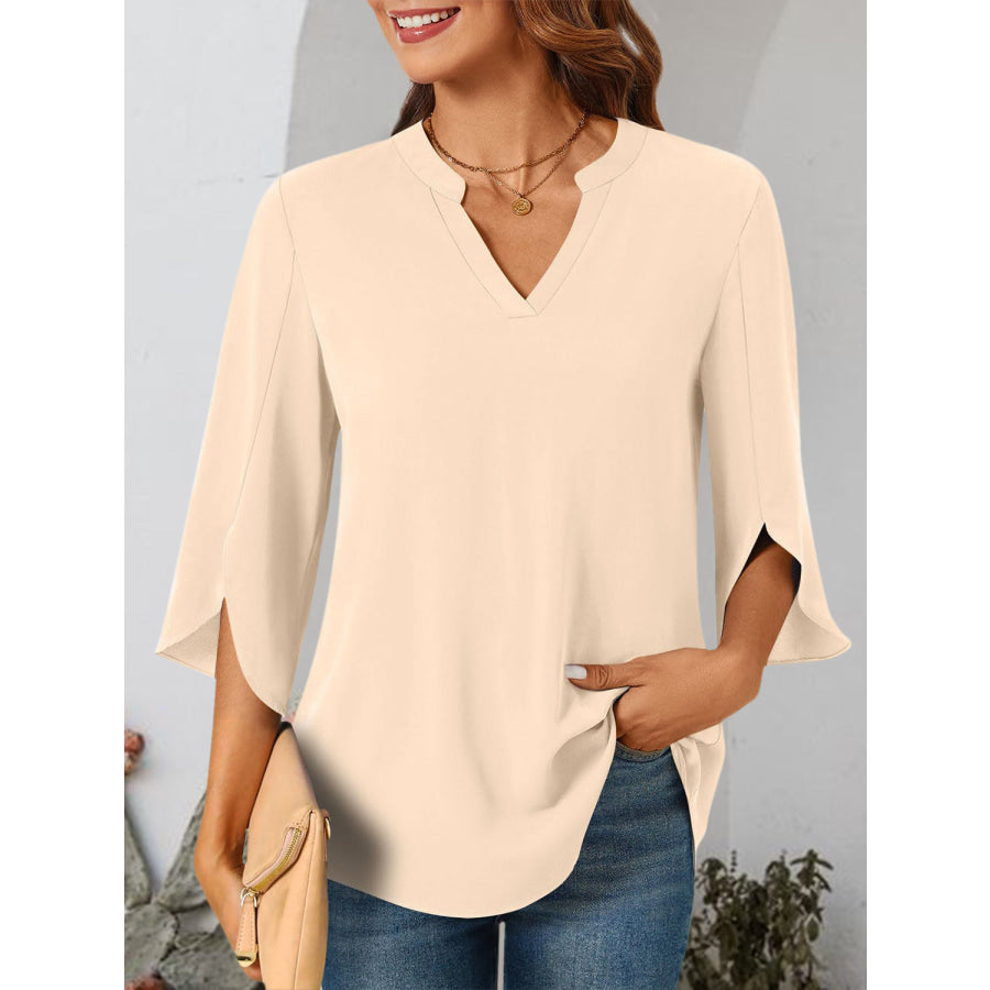 Notched Slit Half Sleeve Blouse Apparel and Accessories