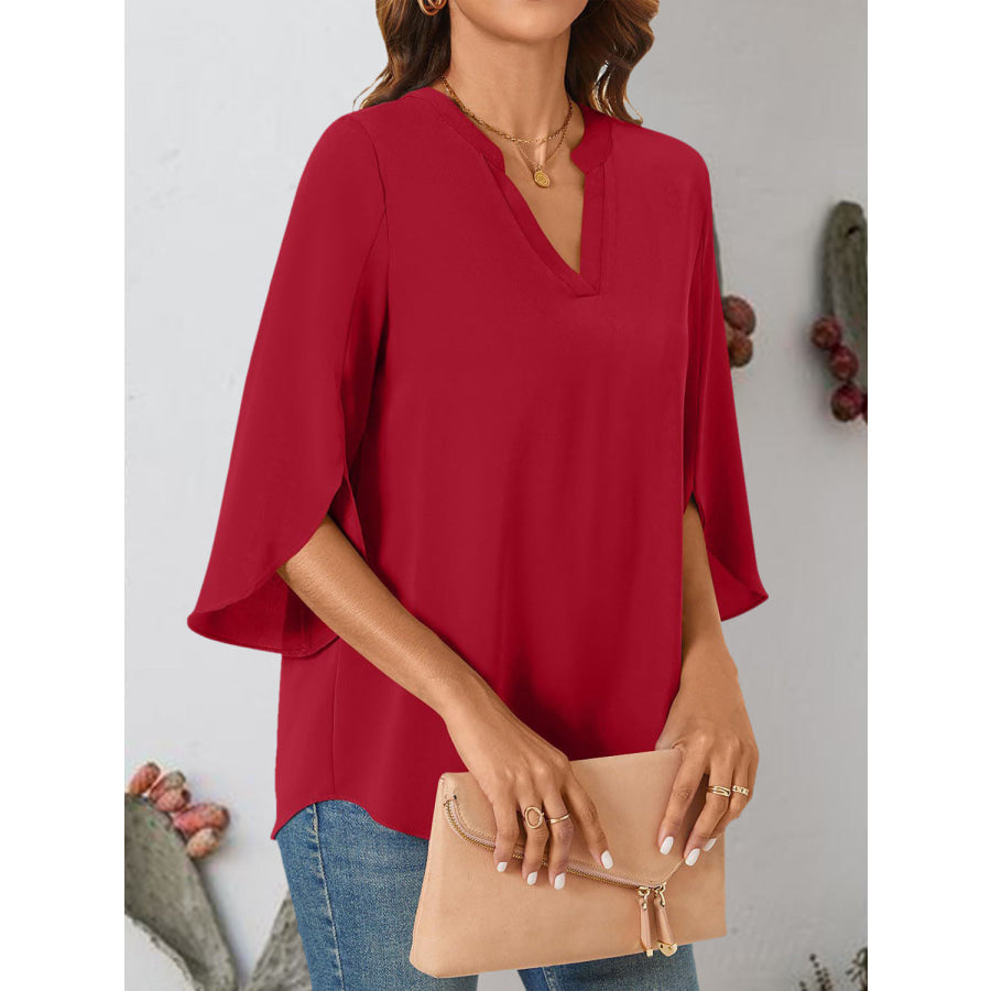 Notched Slit Half Sleeve Blouse Apparel and Accessories