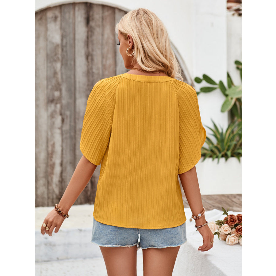 Notched Slit Half Sleeve Blouse Apparel and Accessories