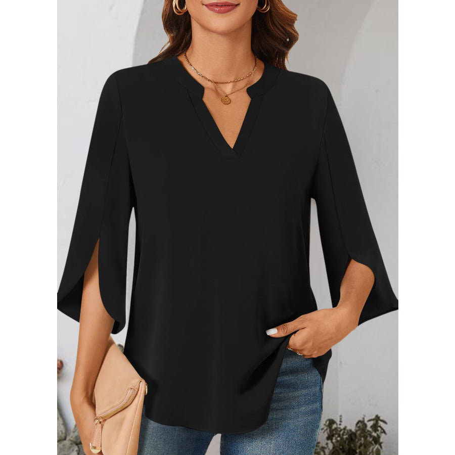 Notched Slit Half Sleeve Blouse Black / S Apparel and Accessories