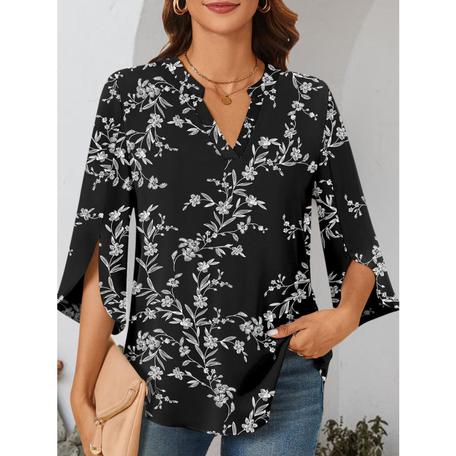 Notched Slit Half Sleeve Blouse Floral / S Apparel and Accessories