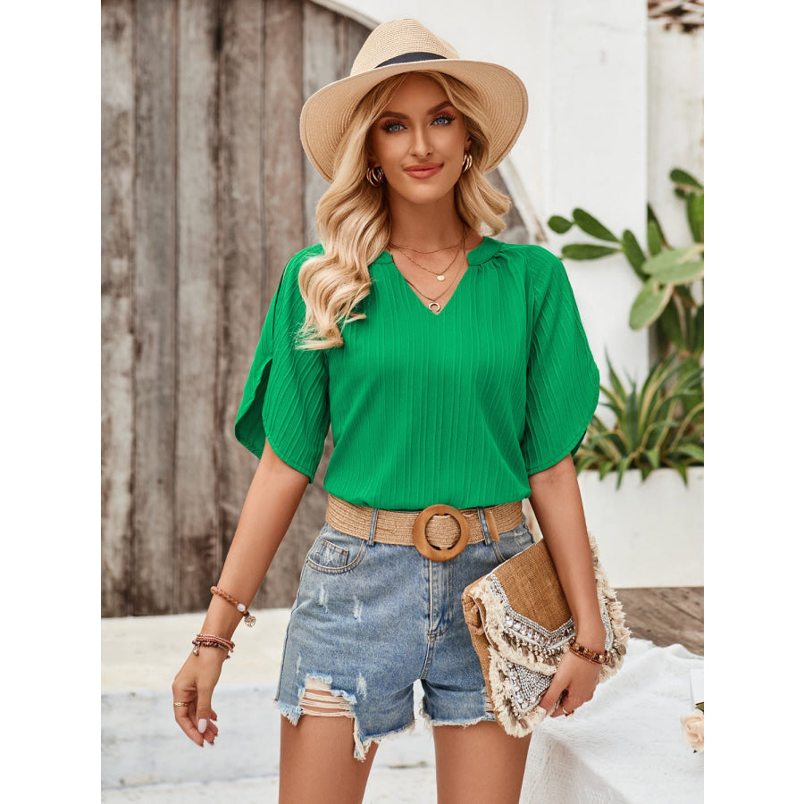 Notched Slit Half Sleeve Blouse Mid Green / S Apparel and Accessories