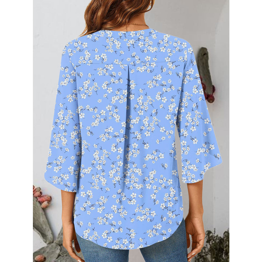 Notched Slit Half Sleeve Blouse Misty Blue / S Apparel and Accessories