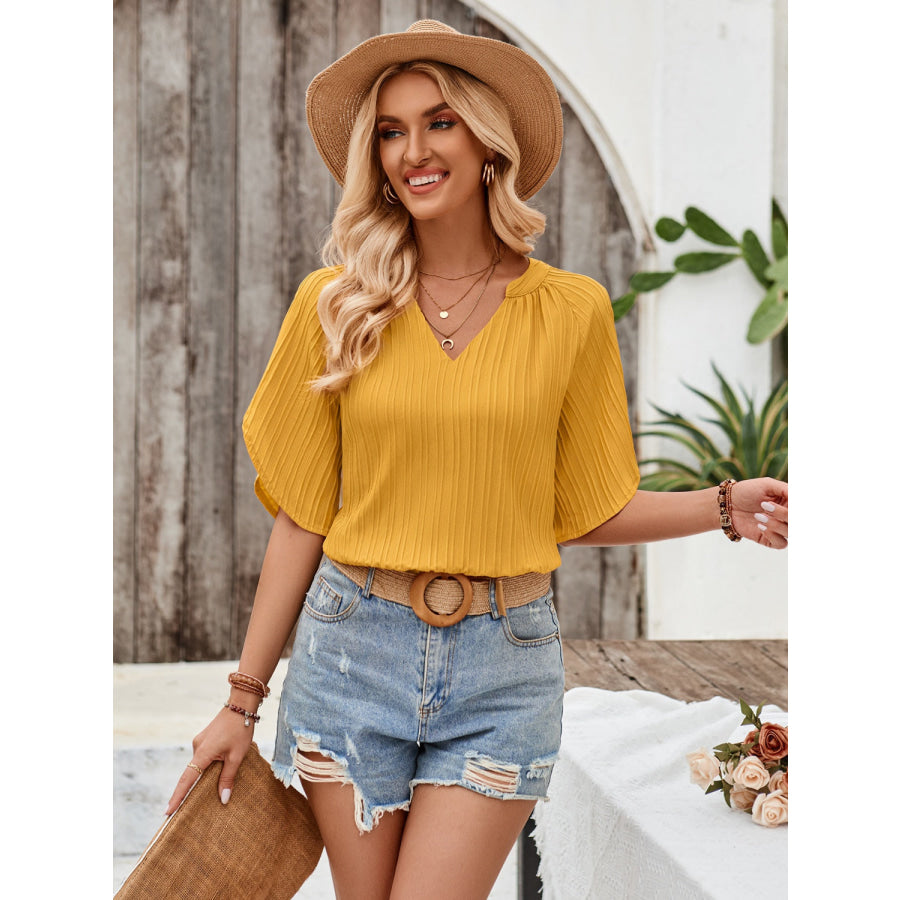 Notched Slit Half Sleeve Blouse Mustard / S Apparel and Accessories