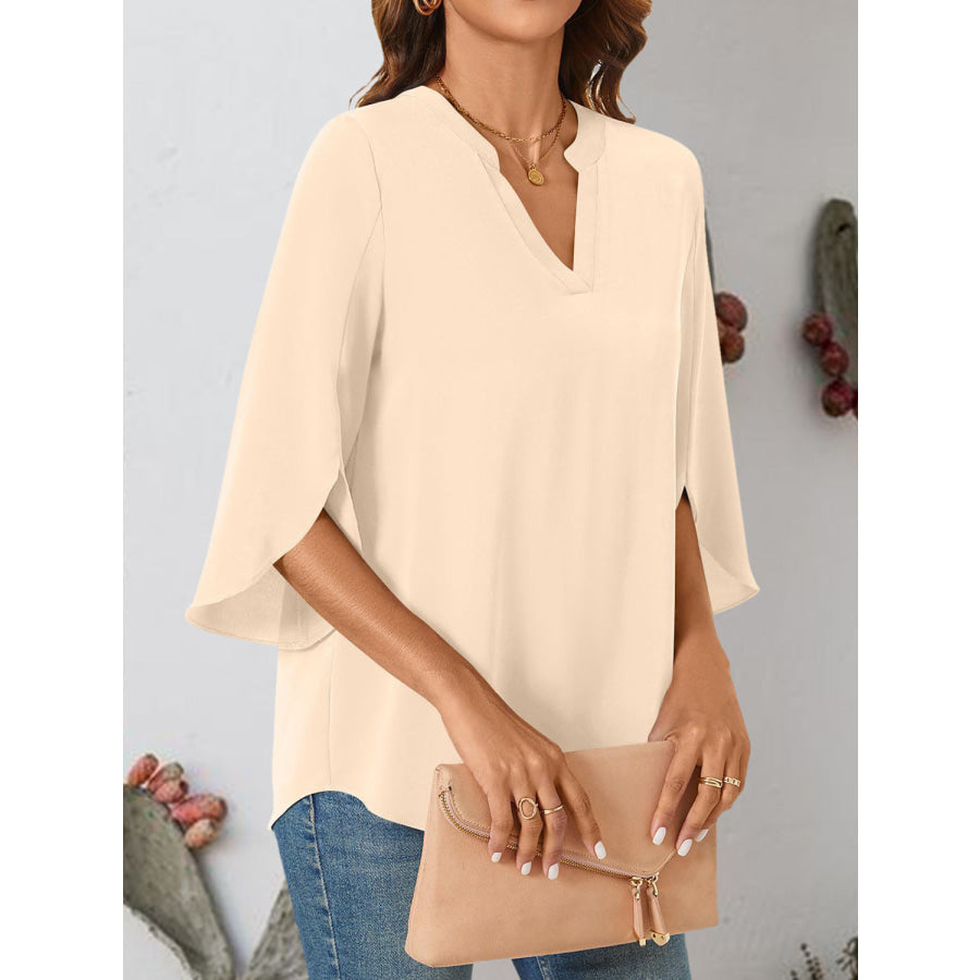 Notched Slit Half Sleeve Blouse Sand / S Apparel and Accessories