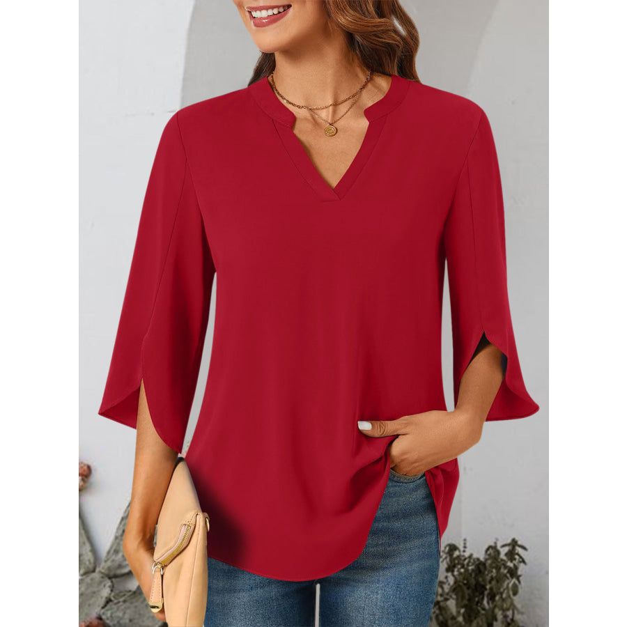 Notched Slit Half Sleeve Blouse Wine / S Apparel and Accessories