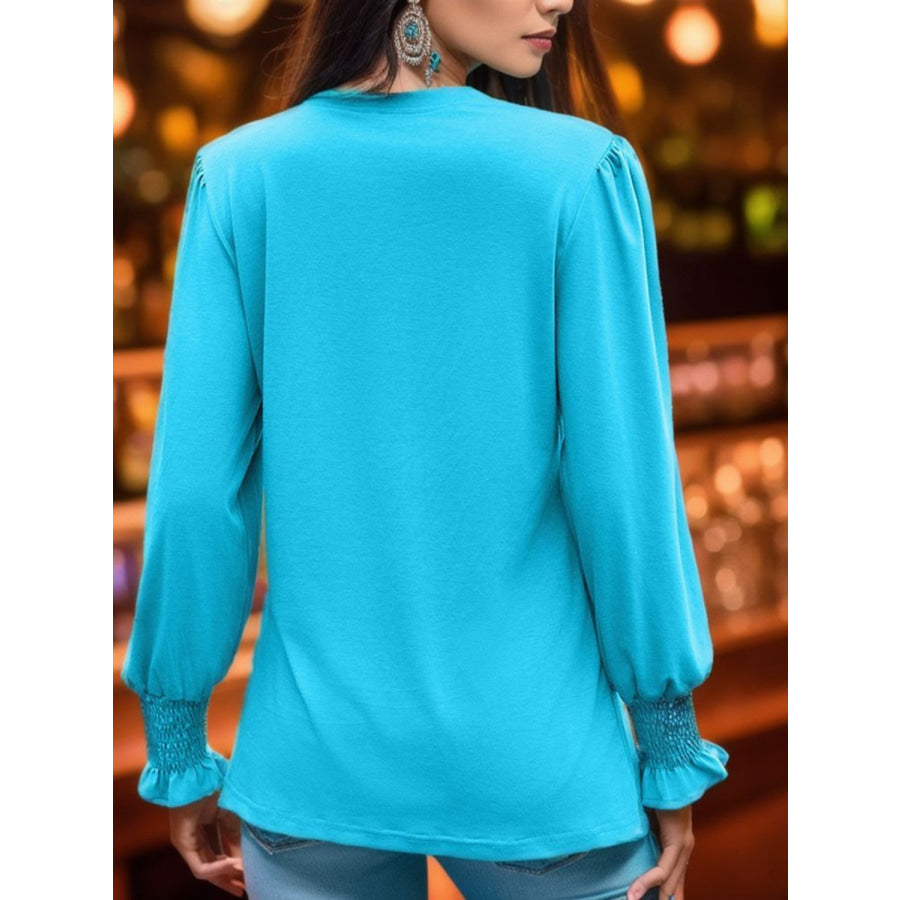 Notched Smocked Flounce Sleeve Blouse Apparel and Accessories