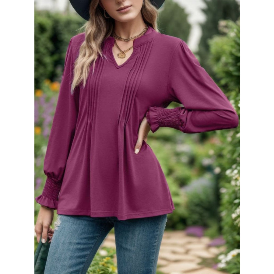 Notched Smocked Flounce Sleeve Blouse Apparel and Accessories