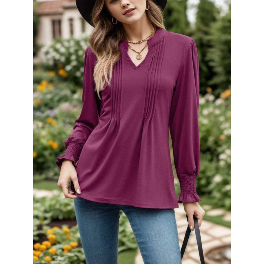 Notched Smocked Flounce Sleeve Blouse Plum / S Apparel and Accessories