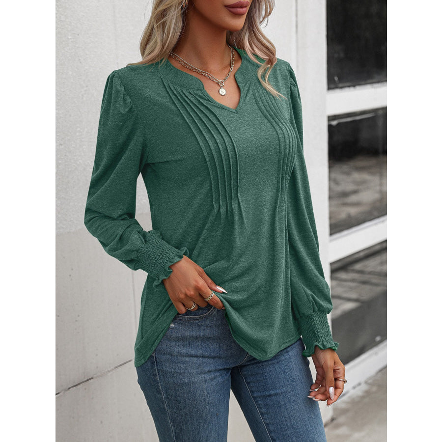 Notched Smocked Lantern Sleeve Blouse Apparel and Accessories