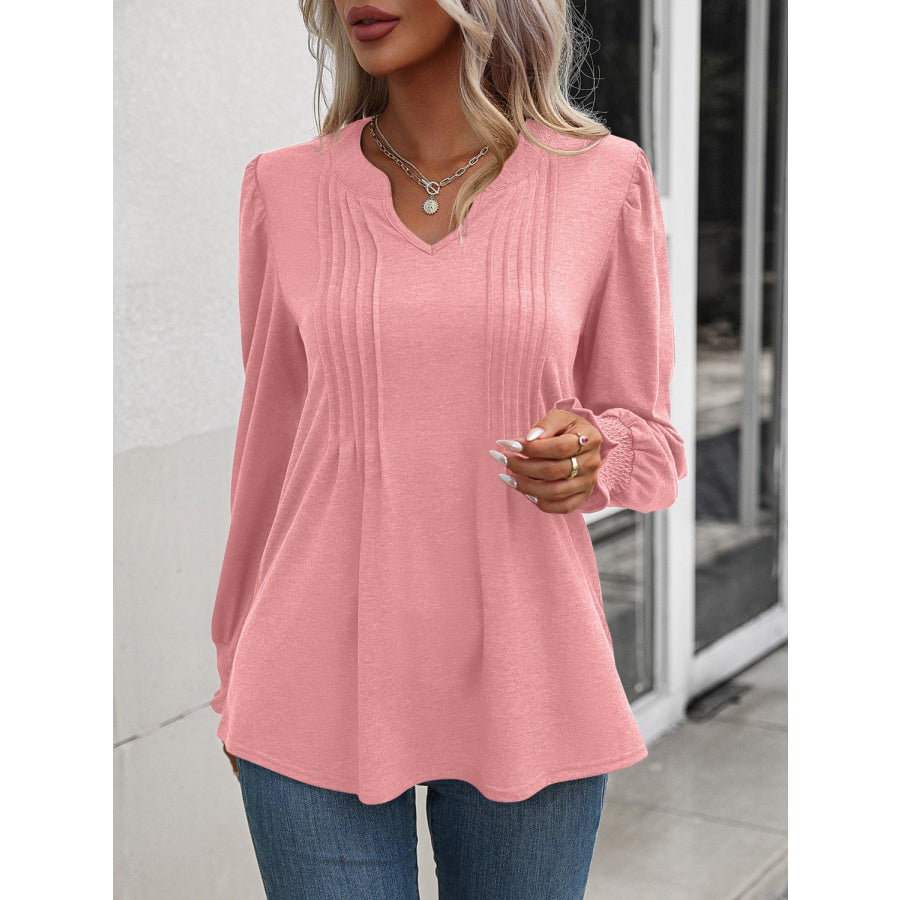 Notched Smocked Lantern Sleeve Blouse Apparel and Accessories