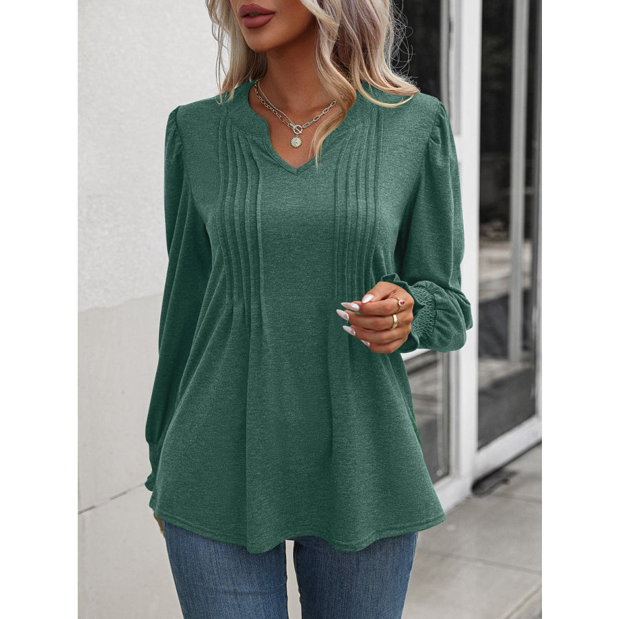 Notched Smocked Lantern Sleeve Blouse Apparel and Accessories