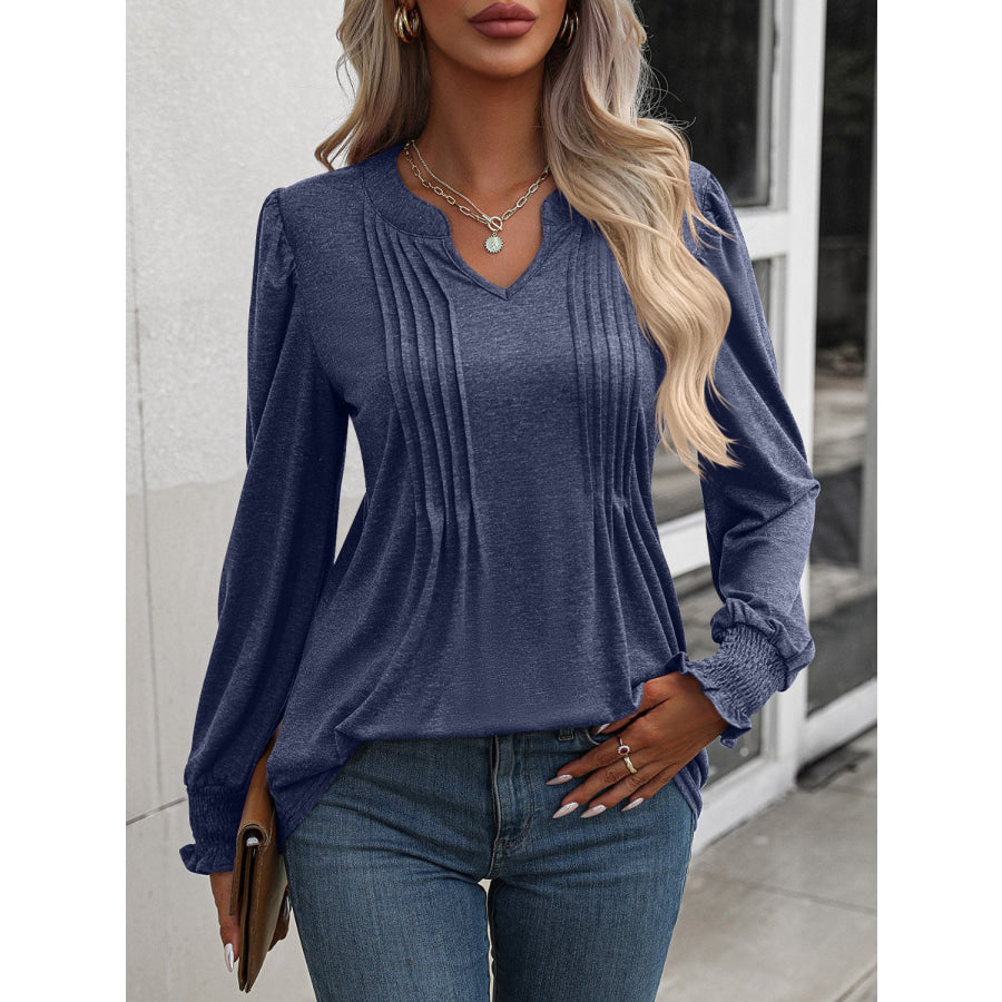 Notched Smocked Lantern Sleeve Blouse Apparel and Accessories