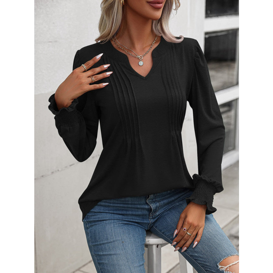 Notched Smocked Lantern Sleeve Blouse Apparel and Accessories