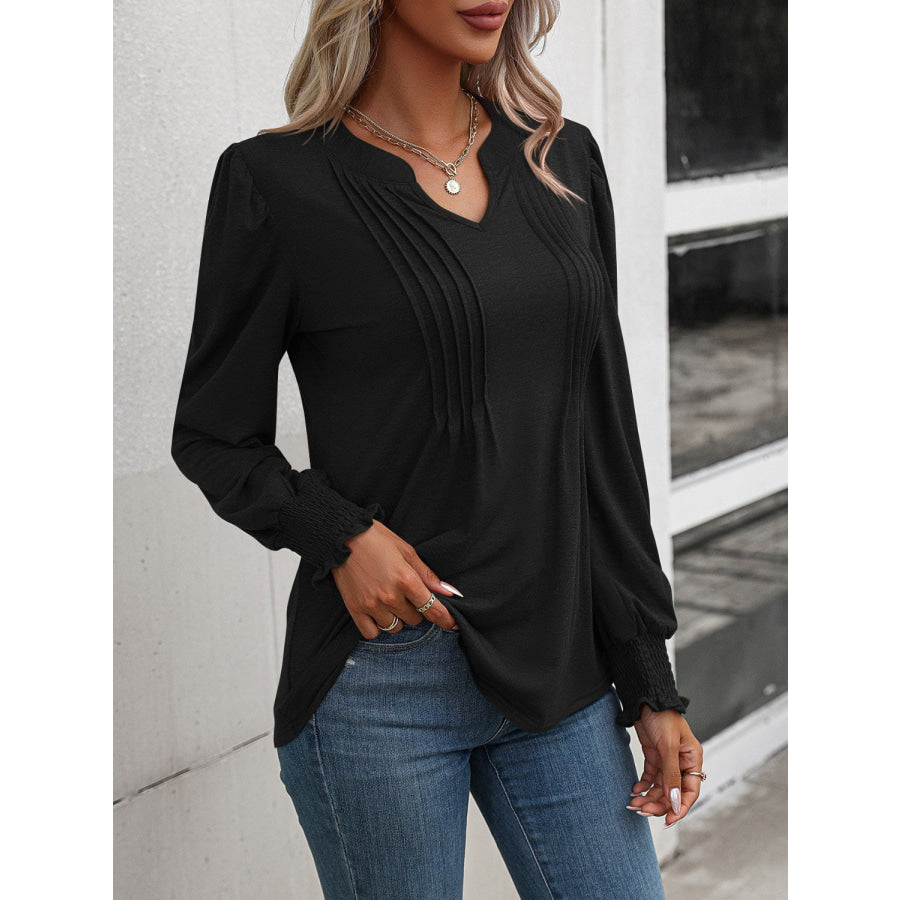 Notched Smocked Lantern Sleeve Blouse Apparel and Accessories