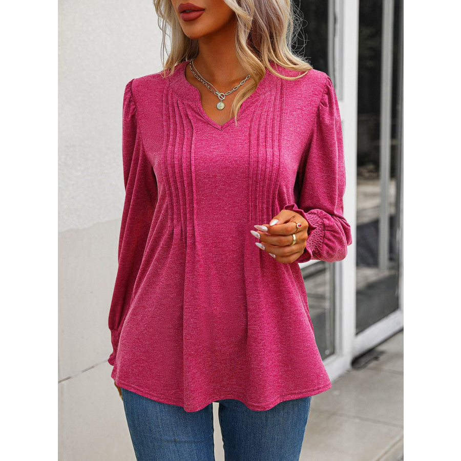 Notched Smocked Lantern Sleeve Blouse Apparel and Accessories